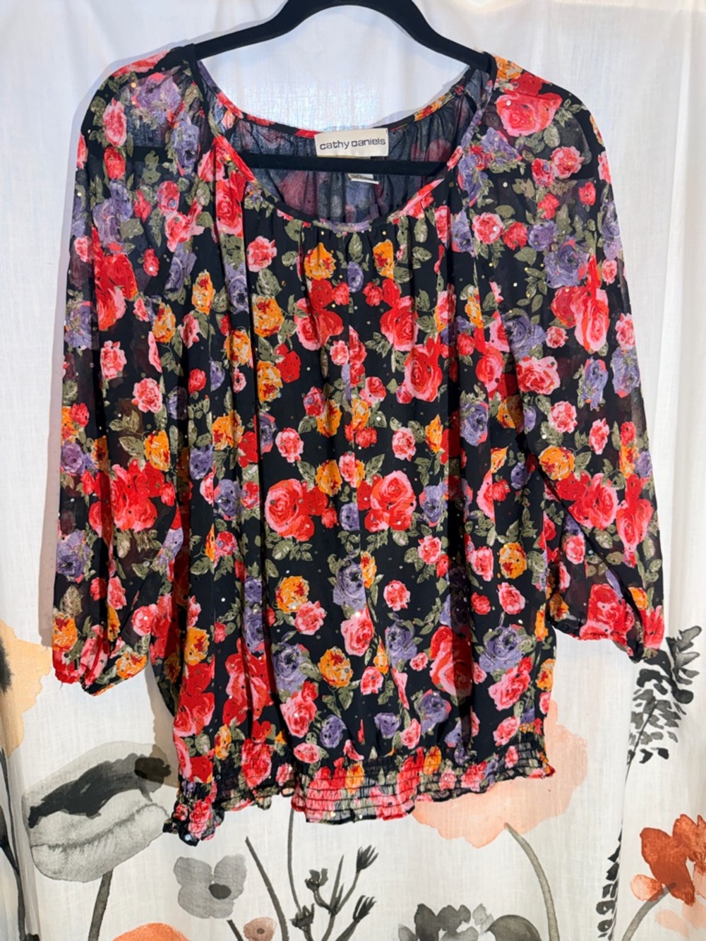 Cathy Daniels Black Floral Scoop-Neck Blouse with Red & Pink Roses - Picture 2 of 8